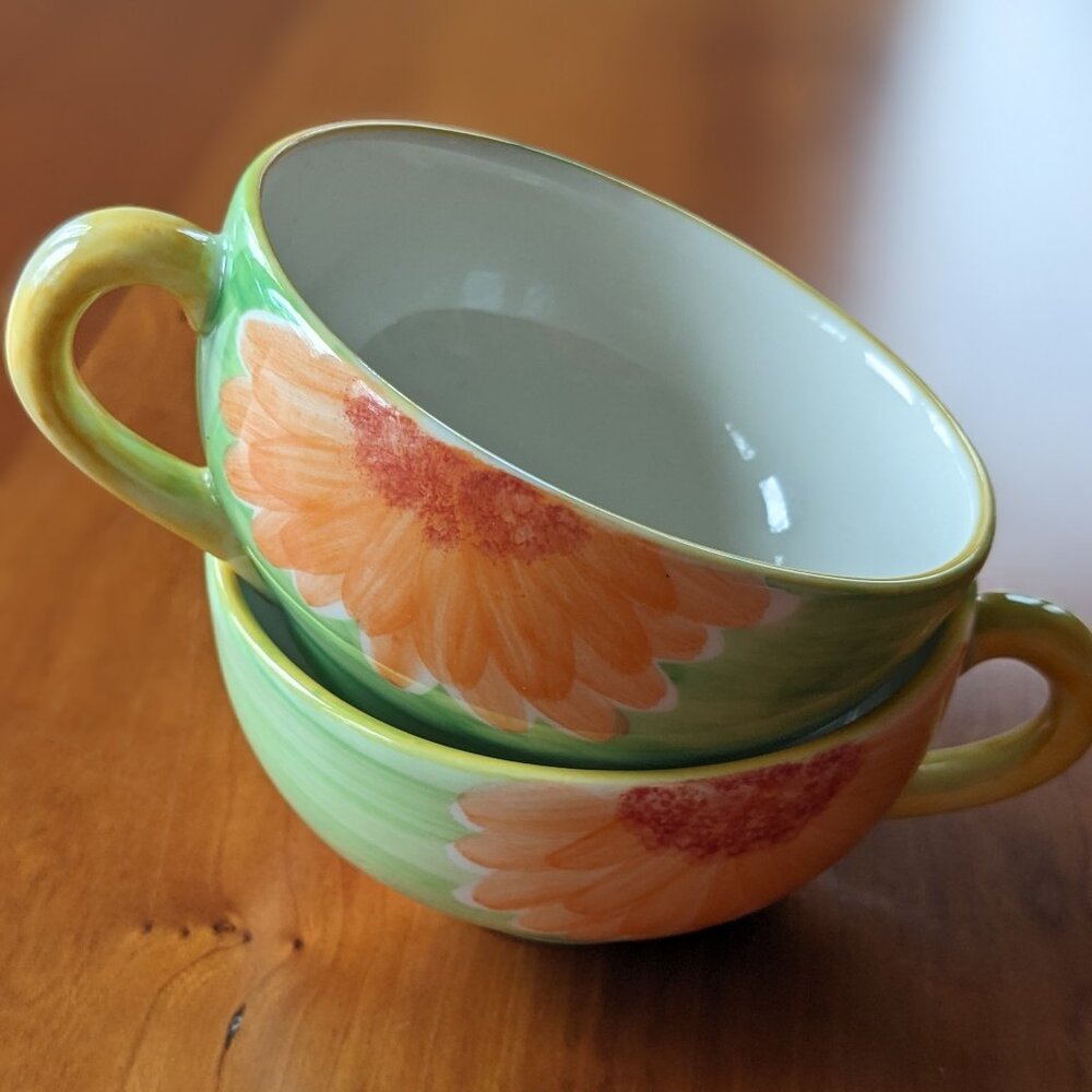 Vintage Hand Painted Cups Jaliang Sunflower - set of 2 coffee or tea cups